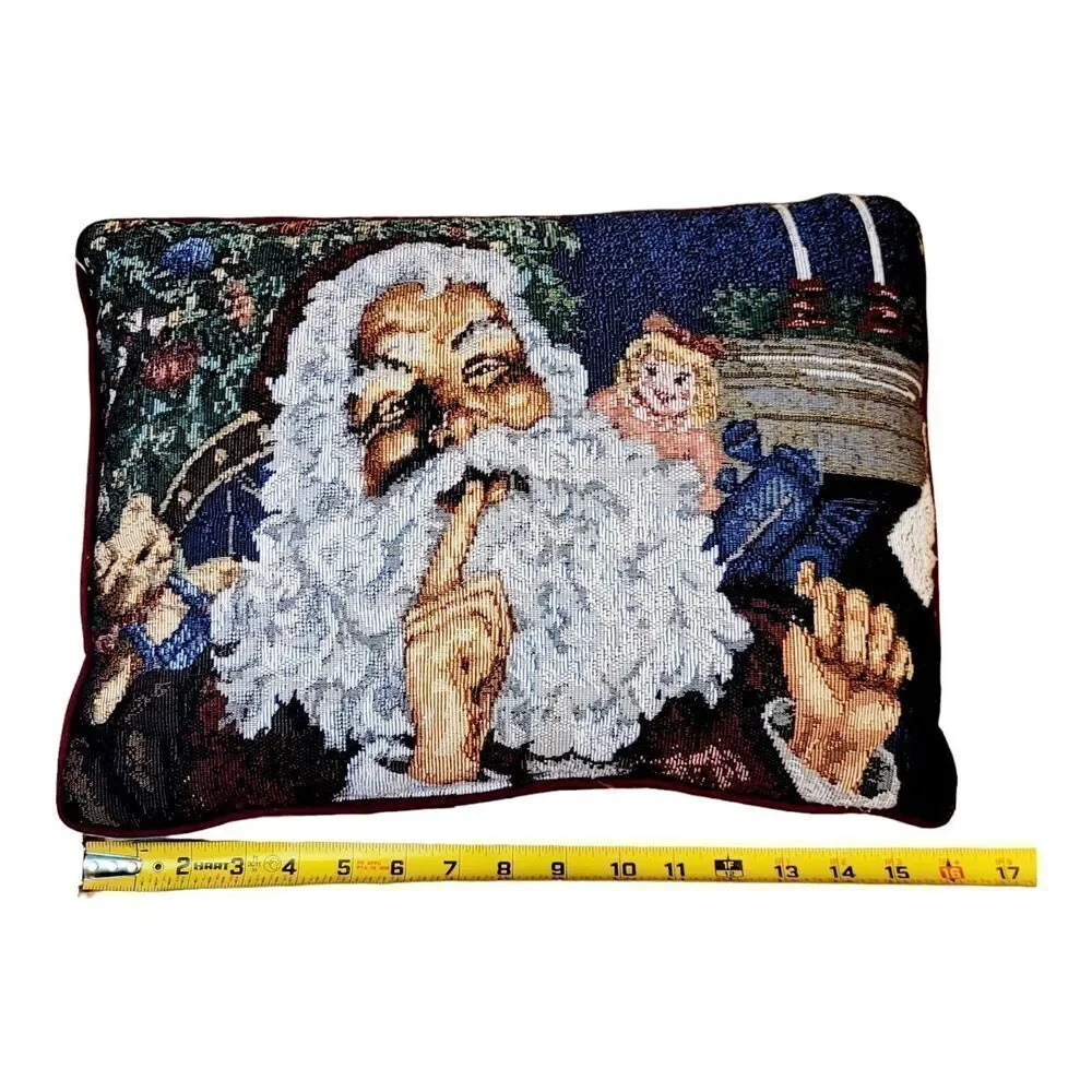 Vintage Santa Claus Doll Teddy Bear Needlepoint Christmas Throw Pillow Tapestry